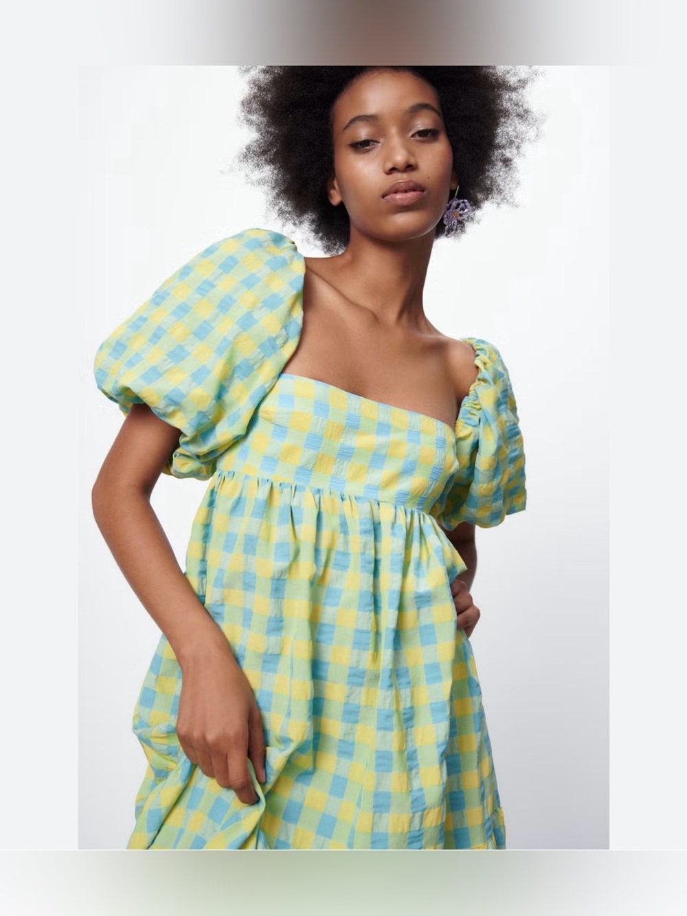 Zara Gingham Checkered Green Yellow Puff-Sleeve Sun Dress L - Picture 2 of 6